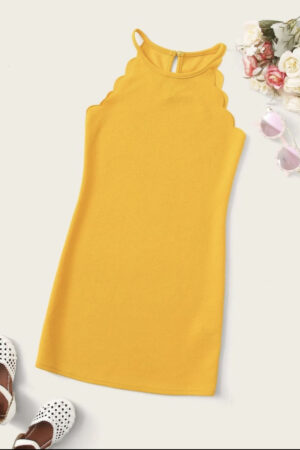Girls Scallop Trim Halter Dress