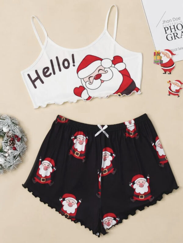 Christmas Letter & Santa Claus Print Lettuce Trim PJ Set