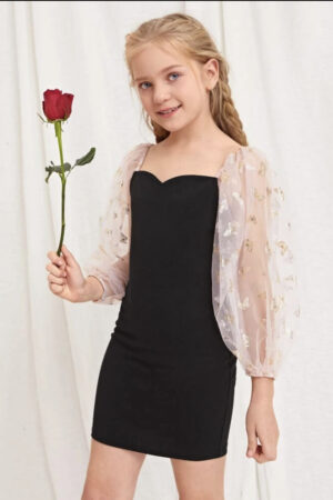 Girls Zipper Back Butterfly Print Sheer Mesh Lantern Sleeve Dress