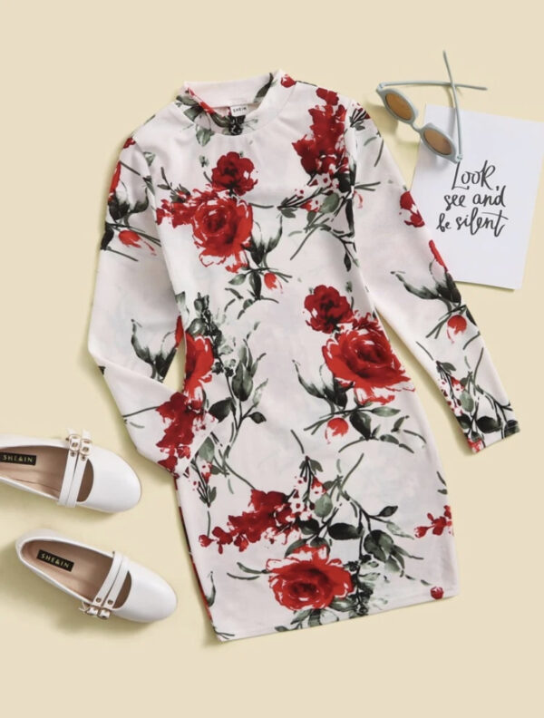 Girls Floral Print Stand Neck Dress - Image 2