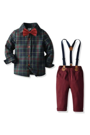 Toddler Boys Tartan Plaid Bow Front Shirt & Suspender Pants