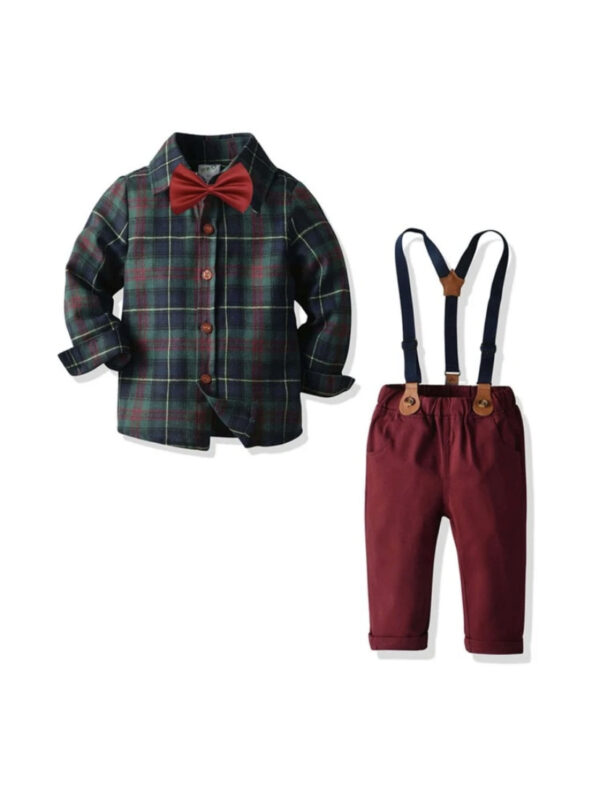 Toddler Boys Tartan Plaid Bow Front Shirt & Suspender Pants