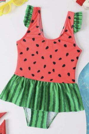 Watermelon Print Ruffle Hem One Piece Swimsuit