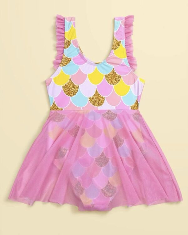 Fish Scale Print Contrast Mesh One Piece Swimsuit - Image 2