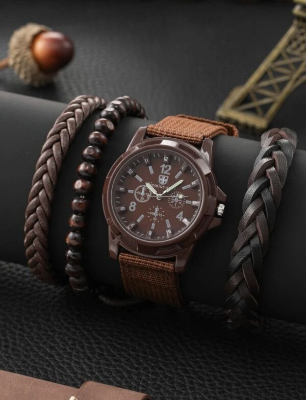 Round Pointer Quartz Watch & 3pcs Bracelet